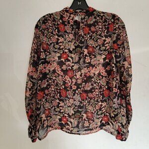 Zara Black Red Floral Print Ruffle Bib Long Sleeve Sheer Blouse Shirt Size XS